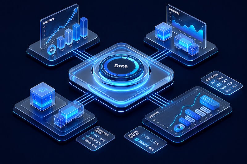 Illustration of a central data hub connecting analytics dashboards and system integrations